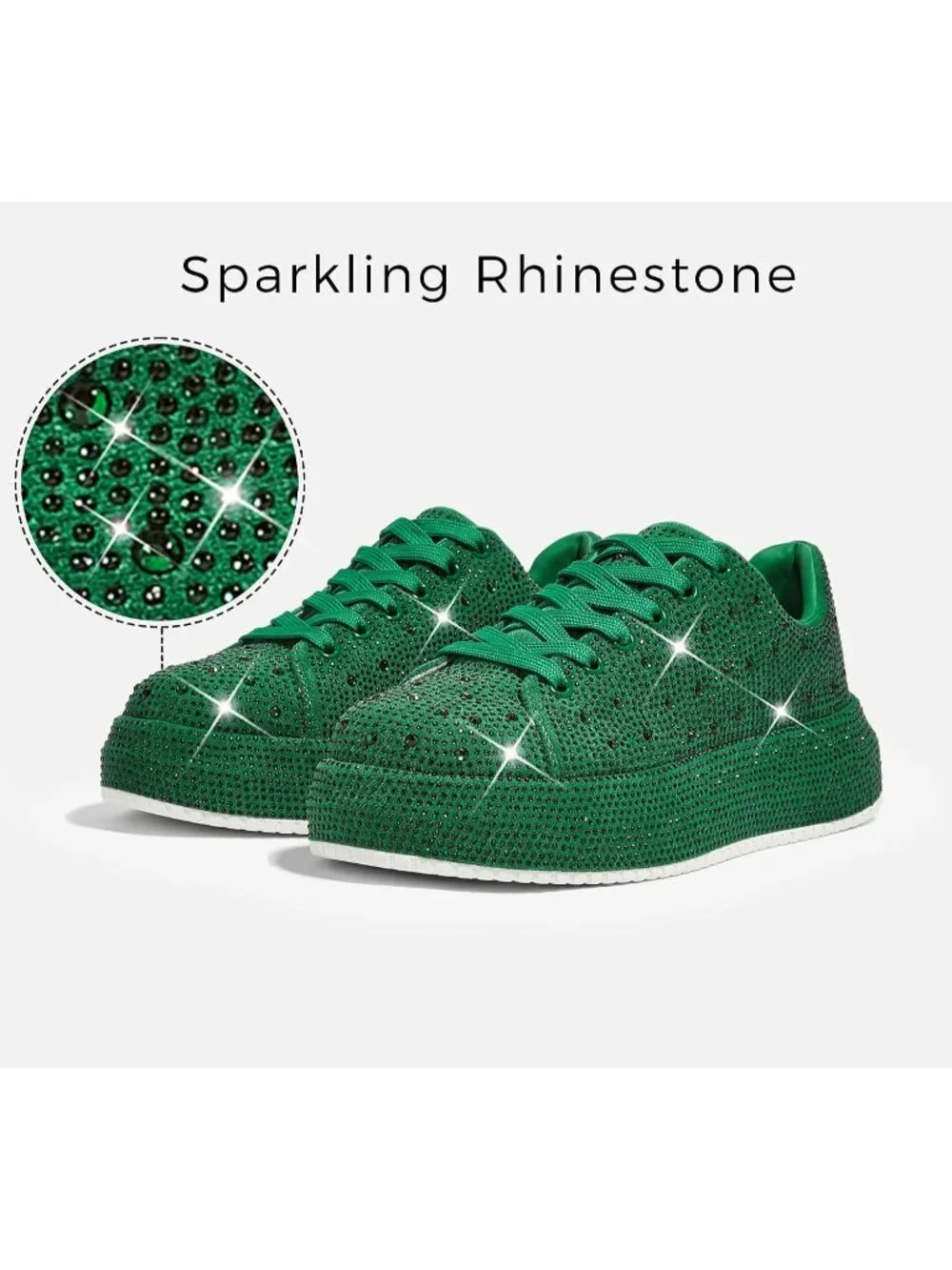 🆕Women's Green Sparkly Glitter Bling Tennis Rhinestone Platform Sneakers